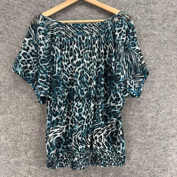 Apt. 9 Blouse Women XL Blue Animal Print Short Sleeve Round Neck Casual Comfort - Picture 2 of 7